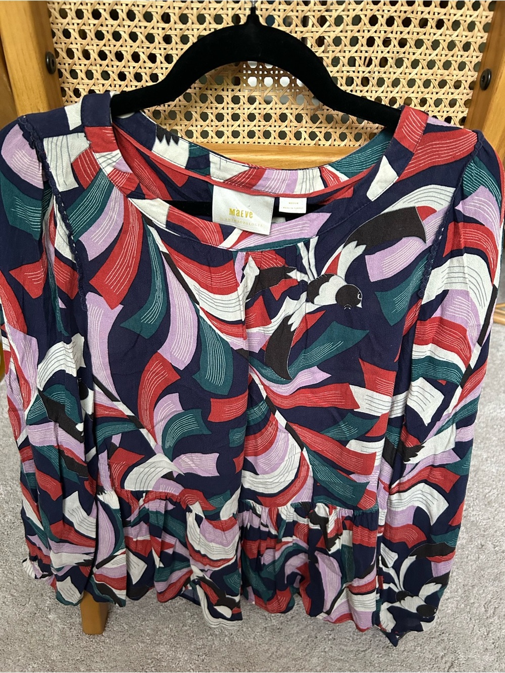 Maeve Navy Blouse with Red, Green and Lavender Wave Print